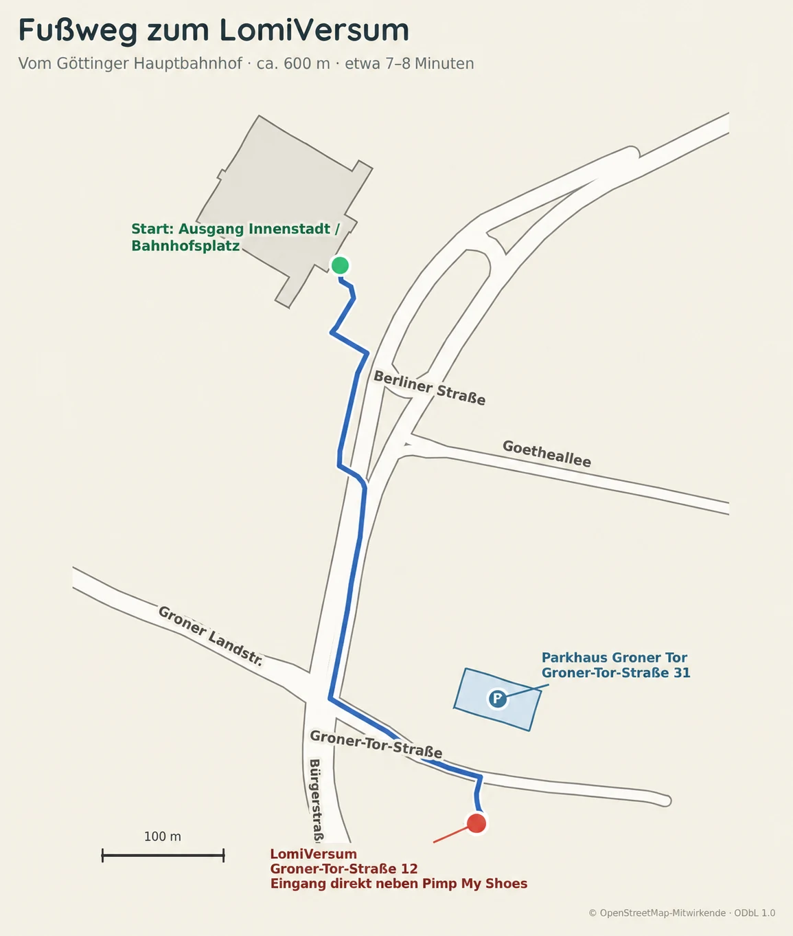 Wegskizze vom Göttinger Hauptbahnhof zum LomiVersum in der Groner-Tor-Straße 12, etwa 600 Meter zu Fuß. Das Parkhaus Groner Tor liegt direkt gegenüber.